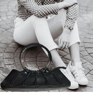 Black Handbag with Unique Handle Design Vegan Leather Topstitching